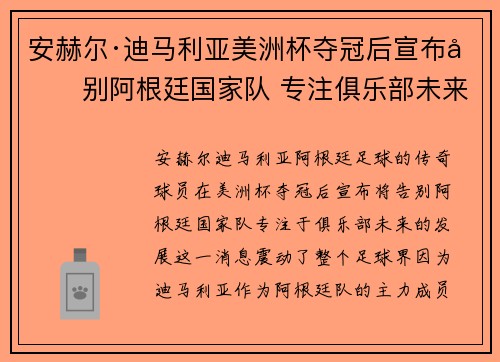 安赫尔·迪马利亚美洲杯夺冠后宣布告别阿根廷国家队 专注俱乐部未来